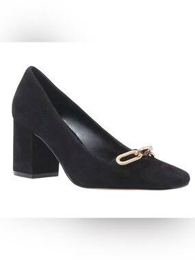NEW ANN TAYLOR BLACK CHAIN HIGH BLOCK HEEL SUEDE PUMPS HEELS SHOES 5.5